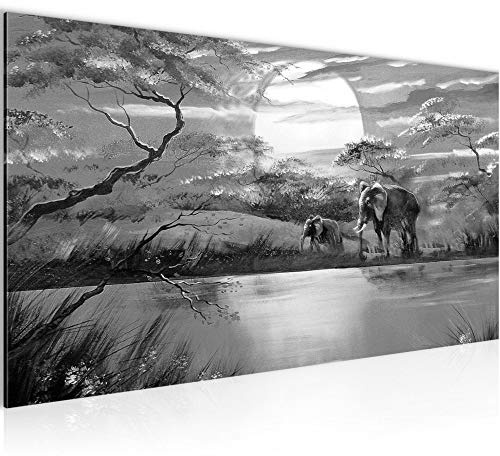 Runa Art Wandbild Afrika Elefant 1 Teilig 100 x 40 cm Modern Bild auf Vlies Leinwand Grau Sonnenuntergang Wohnzimmer Schlafzimmer Schwarz Weiss 000412c