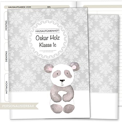 Olgs Hausaufgabenheft Hülle Black & White Schutzhülle Geschenkidee personalisierbar mit Namen (Panda)