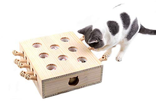 DjfLight Interaktives Haustier Katzenspielzeug, Holz, Spielzeug, Maulwurf Maus, Puzzle Box mit süßen Cartoon Spielzeugen für Katzen, Jagd, Spielen, Trainieren, Kratzen – 8 Löcher,A