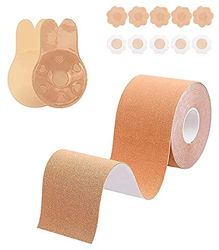 Nastro Adesivo per Seno,Tape Push Up Invisibile,Nastro Seno, Reggiseno Adesivo,1 Paia Riutilizzabile Push Up Reggiseno Invisibile, 10 Copri Capezzoli Usato per Coppa A-E