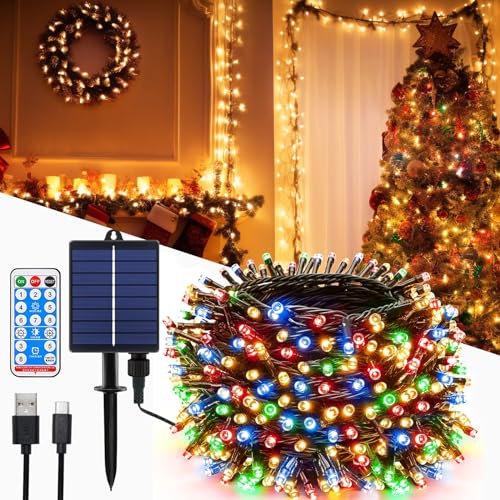 Guirlande Lumineuse exterieure Solaire 30m 300LEDs Guirlande Solaire Lumineuse avec télécommande, 8 Modes, Minuterie, Gradable Guirlande exterieur jardin, pour balcon, fêtes, Noël (Coloré)