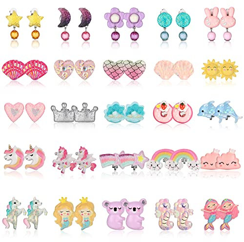 CASSIECA 25 Paia Orecchini a Clip per Ragazze Bambina Orecchini Accessori per Gioielli Principessa Bling Fiore Cuore Orecchini Senza Foratura Clip Dress Gioielli Orecchini per Bambini