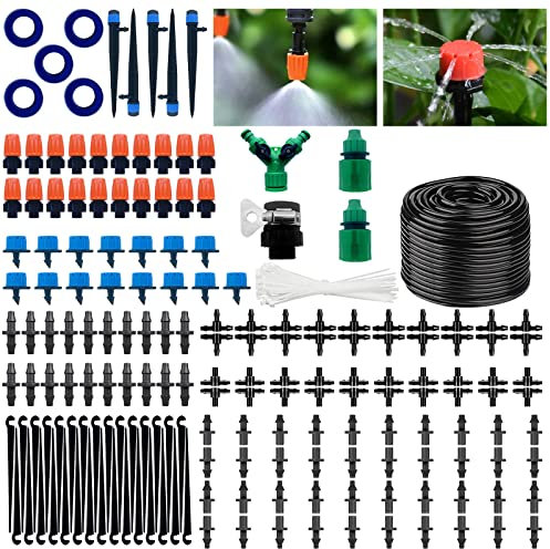 NINGESHOP Sistema de riego Jardín, 211 PCS DIY Sistema de Riego por Goteo con 40m Kit Riego y Ajustable Boquilla Aspersor Pulverizador y Gotero Automatico para Jardin Cama de Flores Patio Césped