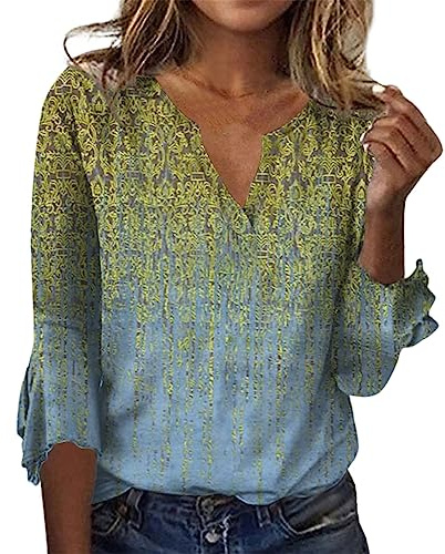 TIMEMEAN Tshirt Femme,T-Shirt Femme Bell à Manches 3/4 Et Col V Tops D'Été à Imprimé Floral Boho Et Décontracté Chemisier Going Out