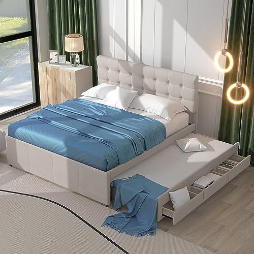 Idemon Cama tapizada, doble, cama familiar, cama de matrimonio con tres cajones, cama extraíble, cabecero ajustable, beis, 140 x 200 cm (beige)
