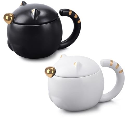 GeeWaa 2 Pack Cute Cat Mugs Coffee Set With Lid and Spoon - Ceramic Novelty Gifts for Cat Lovers, Girls, Women - Christmas Birthday - 300ML (White and Black)