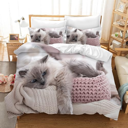 Gegeryozer Nette Katze Bettwäsche Set 135×200 cm,3D Katzenmotiv Kinder Bettbezug Set,1 Mikrofaser Kinder Bettbezug und 2 Kissenbezüge 50×70 cm(Katzen 2)