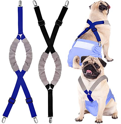 Saintrygo Hunde-Hosenträger für Windeln, für Hündinnen und Rüden, Hundegeschirr, hält Windel an deinem Haustier, für kleine, mittelgroße und große Hunde, 2 Stück, schwarz und blau, Größe L