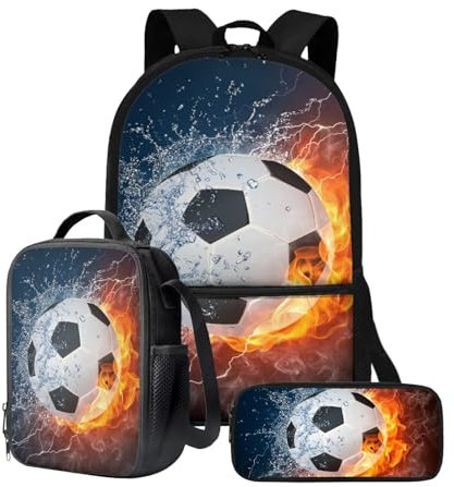 chaqlin Juego de 3 mochilas escolares para niños con lonchera y estuche para lápices, bolsas de almuerzo para niños, bolsas enfriadoras para bolígrafos, A Flame Football, Mochila para niños