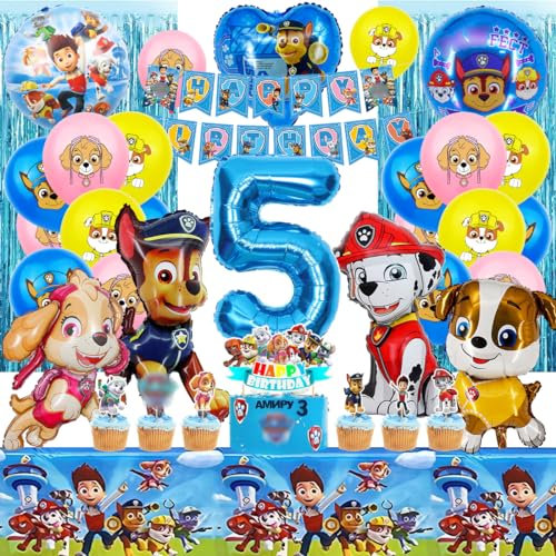 Hund Geburtstag Deko 5 Jahre, Blau Luftballon 5 Deko Kindergeburtstag, Hund Ballon Geburtstag Deko Junge, Happy Birthday Girlande, Tischdecke Kuchendekoration für Dog Theme Party set