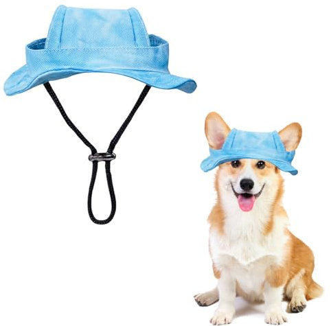 Sonnenhut für Hunde, verstellbar, Prinzessinnenhut mit Ohrlöchern, runde Krempe, Fischerhut für Welpen, kleine Hunde, Katzen, Outdoor-Sport, Blau, Größe L