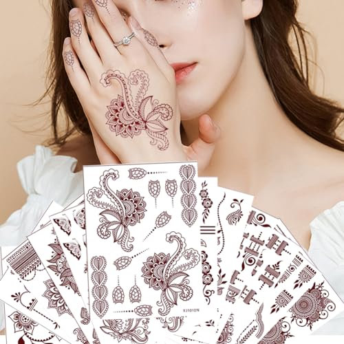 XMASIR 12 Feuilles Tatouage Temporaire pour Femme Filles, Faux Tatouage Ephemere Mandala Fleur Tatouage Autocollant Indienne taouages pour Mariage Main Art