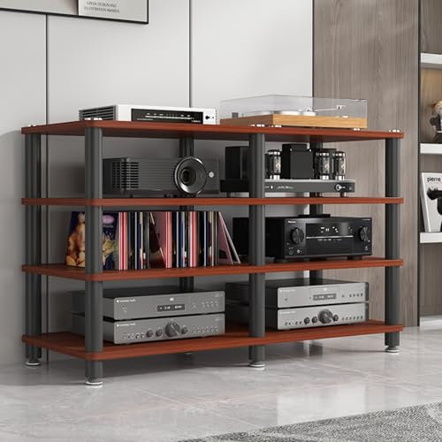 Audio Rack Hifi Regal Audiokomponenten-Rack-Tower Mit 4 Ebenen, Multifunktionales Stereo-AV-Medienregal/Verstärkerschrank Für Das Homeoffice, Aufbewahrungstisch Aus Holz Mit Stahlrahmen(Brown)