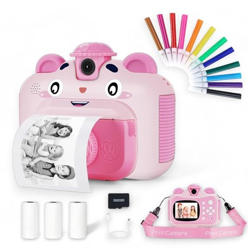 Camara Fotos Infantil Instantanea, Camara de Video Niños, SD de 32G, FHD 1080P, Selfie, 12 Rotuladores, 3 Rollos de Papel y Colgante. Regalo para Niños y Niñás de 3 a 14 Años, Regalos de Cumpleaños