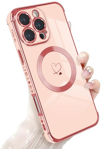 Newseego Magnetic Phone Case for iPhone 16 Pro Max Cute Heart, Pink | Compatible with Magsafe, Aesthetic Design for Girls Women, Soft TPU, Shockproof Cover, Full Camera Protection, Slim Fit