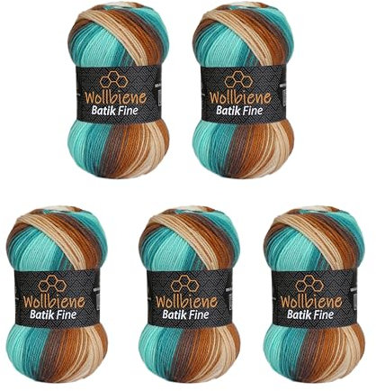 5 x 100g Wollbiene Batik Fine 500 Gramm Wolle mit Farbverlauf mehrfarbig Multicolor Strickwolle Häkelwolle (1520 braun mint weiß)