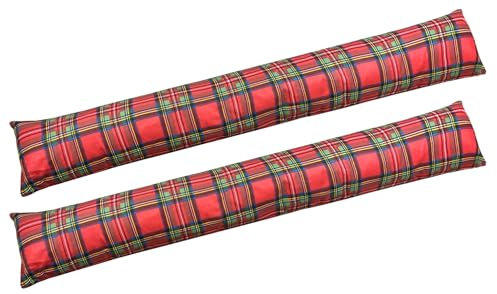 2x Paraspifferi Imbottiti Isolante Per Porte E Finestre Lavabili Sfoderabili In Cotone Risparmio Energetico Fermaporta Paravento 110Cm Sottoporta Salsicciotto Isolamento Termico - Tartan Rosso