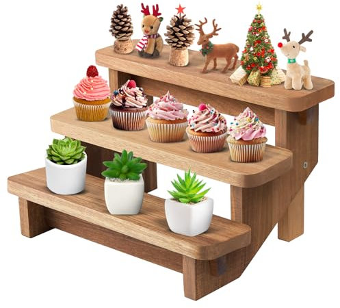 DUJUST Food Grade Acacia Cupcake Stand, 3-Tier Wooden Cake Stand, Afternoon Tea Stands Gift for Party&Home Décor, Rustic Wooden Display Stand for Food and Toys, Easy to Install & Clear