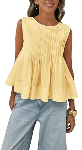 Megfie Womens Summer Pleated Peplum Sleeveless Blouse Tank Tops Round Neck Y2K Babydoll Blouse Shirt(0869-Yellow-S)