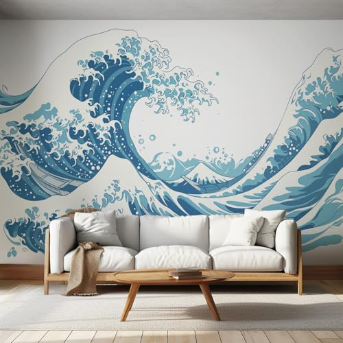 Mural Wallpaper Japanese Style Sea Wave, Murals Wall Art Japan Ukiyo-E Blue Ocean Drawing Style Mural, Wall Mural Non-Woven, for Indoor Home Decoration 350cmx256cm