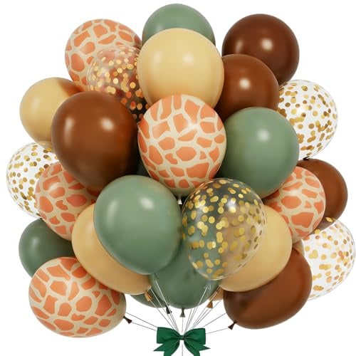 Safari Luftballons, 60 Stück Grün Braune Luftballons mit Salbeigrün, Braun, Gold, Elfenbein, Weiß, Giraffen-Aufdruck, Dschungel-Luftballons für Safari, Wald, Babyparty, Wild One Two Wild-Dekorationen