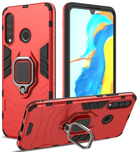 RIIMUHIR Hülle für Huawei P30 lite, Panzerhülle mit 360° Metall Ring Ständer, Kratzfestes Stoßfest Hart Handyhülle, Armor Hülle mit Kameraschutz (Rot)