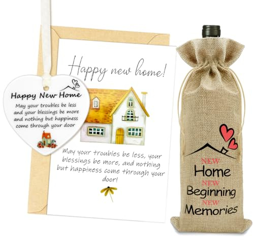 FIDWALL New Home Gifts, House Warming Gifts New Home Ceramic Ornament with Gift Box and Card, Cotton Linen Drawstring Wine Bottle Bag Set for Men Women Friends Families Homeowners Decorations