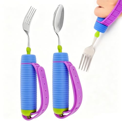 Adaptive Utensils Set - 360° Rotatable Spoon & Fork with Non-Slip Handle & Adjustable Strap, Easy Grip Cutlery for Elderly, Disabled, Arthritis & Hand Tremors