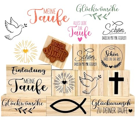11-tlg. Holz Stempelset Taufe – Meine Taufe, Einladung & Christliche Motive – DIY Zubehör für Taufkarten, Gastgeschenke, Kirchenheft & Tischdeko