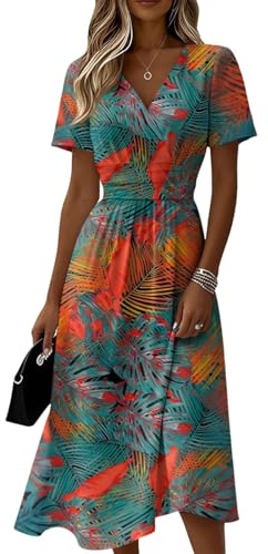 LUNULE Robe Ete Femme, Cocktail Robes Midi Élégante À Imprimé Floral Col en V Manches Courtes Coupe Trapèze Fluide Idéale pour L'Été La Plage Ou Les Soirées Médiévale Femmes