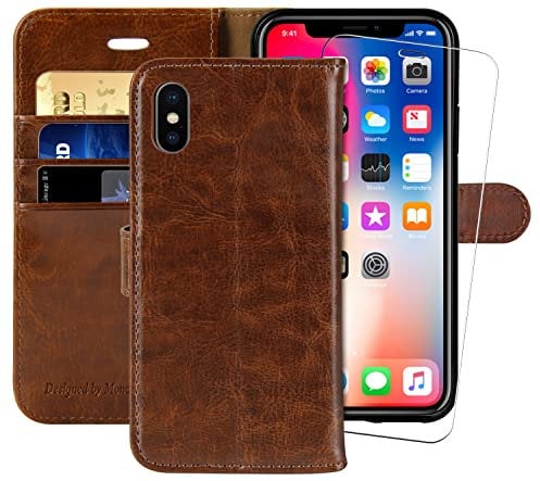 MONASAY iPhone XS Wallet Case/iPhone X Wallet Case,5.8-inch [Glass Screen Protector Included] Flip Folio Leather Cell Phone Cover with Credit Card Holder for Apple iPhone XS/X,Brown