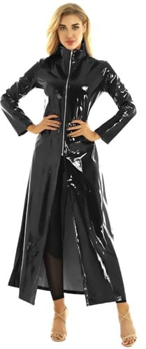 inhzoy Unisex Damen Herren Glänzend PVC Mantel Lack Optik Matrix Jacke Kostüm Robe mit Stehkragen Cosplay Party Fasching Coat Schwarz L