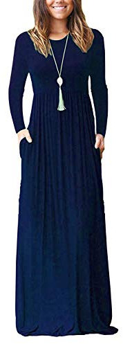 AUSELILY Women's Casual Long Sleeve Maxi Dress Loose Long Dresses with Pockets Navy Blue XXXL