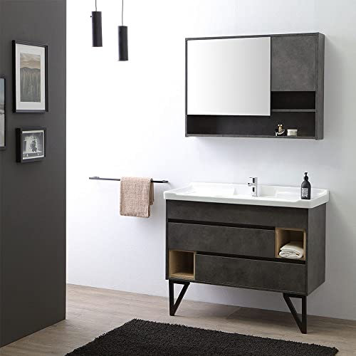 Kiamami Valentina Mobile bagno 100cm grigio industriale con piedini in acciaio e specchio contenitore | Vienna
