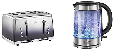 Russell Hobbs 25141 Midnight Blue Eclipse Polished Stainless Steel Ombre Four Slice Toaster & Hobbs 21600-10 Illuminating Glass Kettle, Black, 1.7 Litre, 3000 Watt