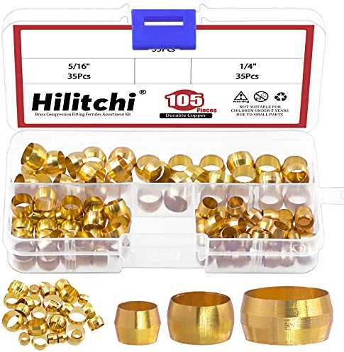 Hilitchi 3 Größen Rohrdurchmesser 1/4 5/16 3/8 Messing Kompressionshülsen Ferrules Compression Fitting Kit (SAE, 105pcs)