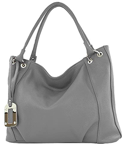 modamoda de - T339 - ital. Schultertasche Shopper aus Leder, Farbe:Graphitgrau