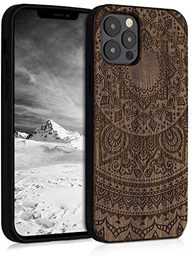 kwmobile Hülle kompatibel mit Apple iPhone 12 / iPhone 12 Pro Hülle - Holz Case - Handy Cover - TPU Handyhülle in Dunkelbraun Indische Sonne