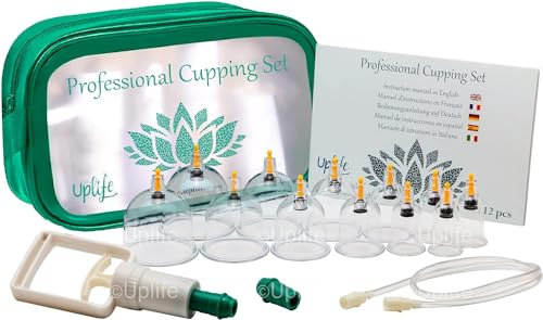 Uplife Kit di 12 tazze cinesi anti-cellulite. Set di aspirazione per coppettazione per agopuntura. Allevia il dolore e la fatica. Manuale d'istruzioni in italiano