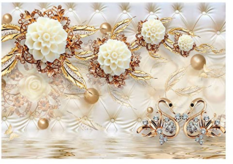 Fototapete 3D Blumen Schwäne gold Luxus Diamanten Abstrakt Lederoptik Fototapeten Schlafzimmer Wohnzimmer Wandtapete Vlies Tapete UV-Beständig Montagefertig (V8 (368x254 cm) 4 Bahnen)