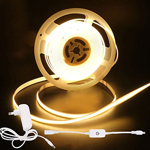 Wisada Dimmbar COB LED Streifen 4m, DC12V 320 LEDs/m Flexibler LED Lichtband, Innenbereich Nicht Wasserdichte Warmweiß COB LED Band Lichterketten mit Berühren Dimmer & Netzteil für Hausschrank
