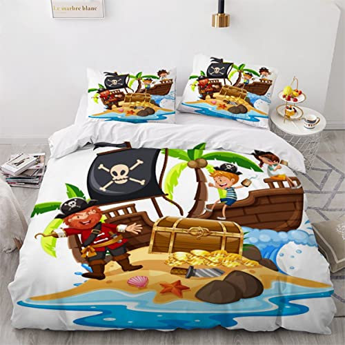 ZLKEJI Bettwäsche 135x200cm Pirat Und GlüCkliches Kind Bettbezug SetPiratenschiff Bettwäsche Set 3D Mikrofaser Reißverschluss Bettbezug und Kissenbezug 80x80cm Flauschige Weich
