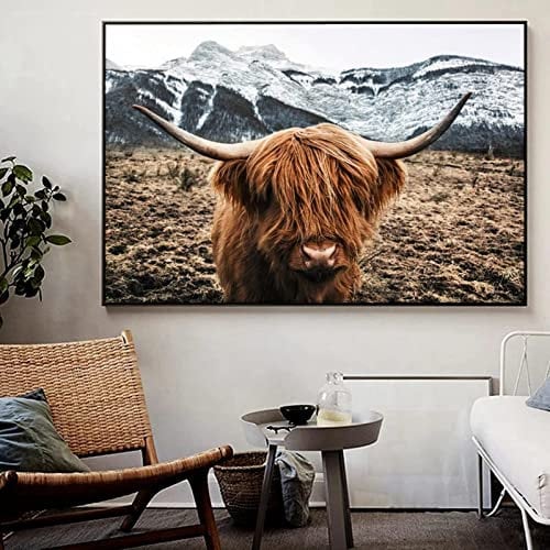 LXTOPN Hochlandrind Bild Leinwanddrucke,Nordic Highland Cow Bilder Druck auf Leinwand Schottisches Hochland kuh Gemälde,Modern Hochlandrind Wandbilder Poster Wohnzimmer Deko,Kein Rahme. (50x75cm)