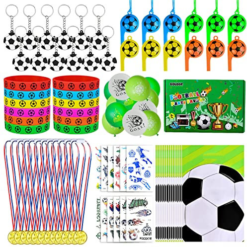 GOLDGE 87pcs Football Party Bags Fillers Party Supplies, Football Key Rings, Wristbands, Tattoos, Whistles, Balloons, Gift Bags, Winner Medals Football Party Favors for Kids Boys Girls Birthday Gift