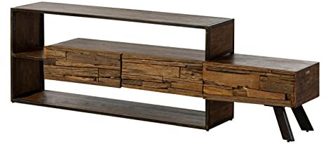 Wolf Möbel MASSIVMOEBEL24.DE | City TV-Board aus Massivholz inkl. LED-Beleuchtung #04 | aus Akazienholz/Altholz - Braun lackiert | 195 x 40 x 60 cm | 3 Schubladen + 2 Fächer | Lowboard