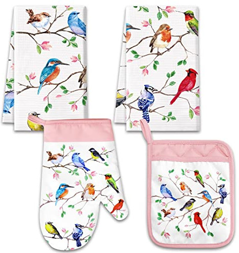 Vögel Küche Geschirrtücher Topflappen Ofenhandschuh mit Schlaufe Kit Herbst Geschenke für Vogelliebhaber Lehrer Frauen Mama Vögel auf Draht Kardinal Kolibri Handtücher zum BBQ Grillen Mikrowelle