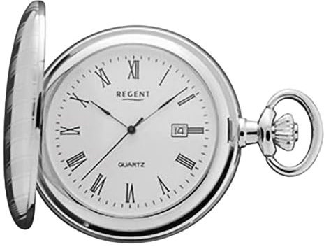 Regent Herren Taschenuhr Savonnette Verchromt 47 MM Quarz Römische Zahlen Datum P-737