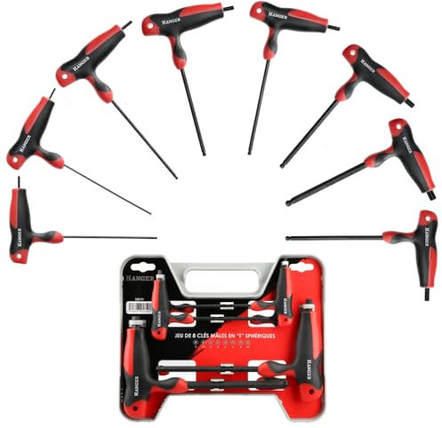 Jeu de 8 Clés Allen Sphériques Emmanchées en 'T' - Hanger - 250191 - Clés Mâles 6 Pans Sphériques - Poignées Ergonomiques