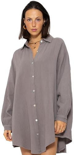 SASSYCLASSY Oversize Musselin Bluse Damen Langarm - Oversized Freizeit Look - Hemdbluse lang aus Baumwolle mit V Ausschnitt - Long-Bluse One Size (Gr. 36-48) Taupe