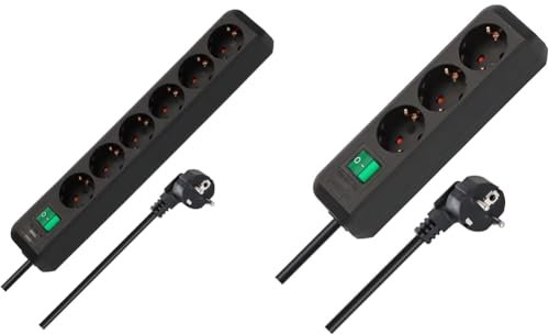 Brennenstuhl Eco-Line, Steckdosenleiste 6-Fach, schwarz & Brennenstuhl Eco-Line, Steckdosenleiste 3-Fach (Mehrfachsteckdose mit erhöhtem Berührungsschutz, Schalter und 1,5m Kabel) schwarz